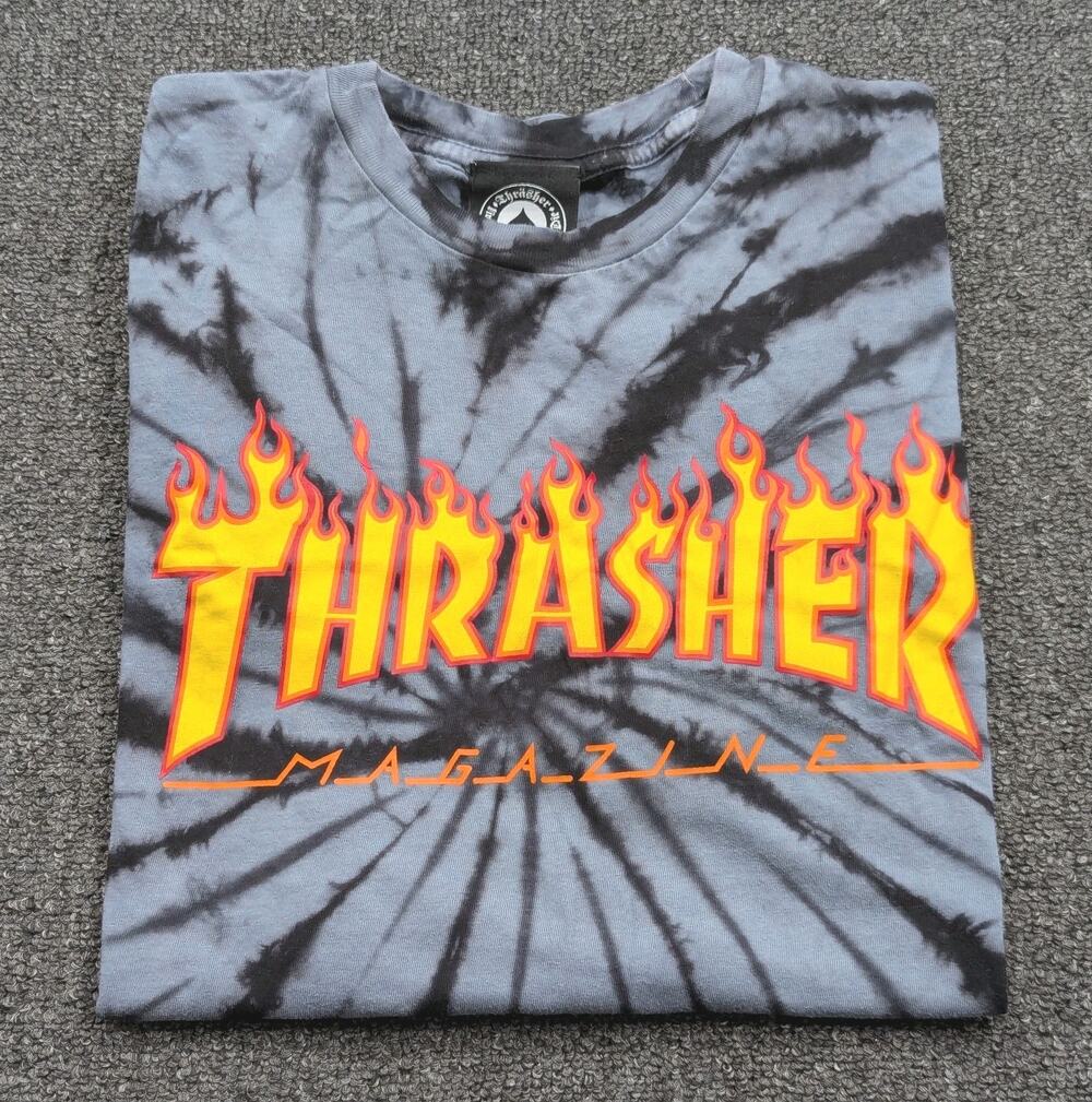 Thrasher Magazine T-shirt Men's Flame Logo Tye-Dye Black & Gray Tee Size Small